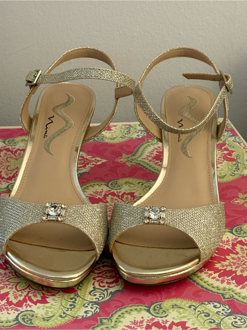 Nina Gold Sparkle Open-Toe Ankle-Strap Heels